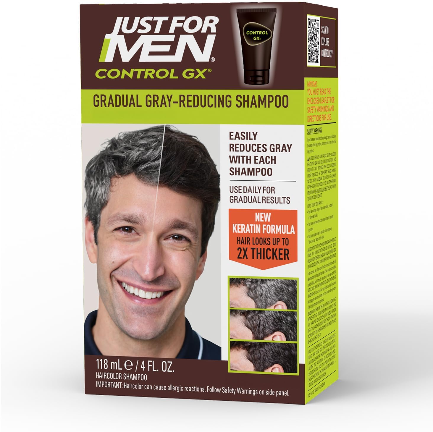 Just For Men Control GX Grey Reducing Shampoo front packaging view for gradual male grooming hair color.