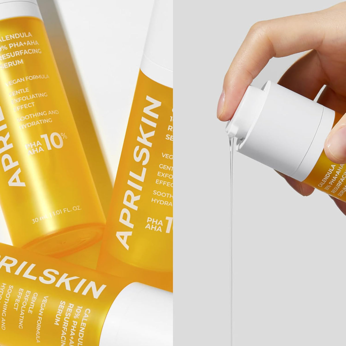 Authentic APRILSKIN vegan and cruelty free clarifying serum bottle placed on a clean background.