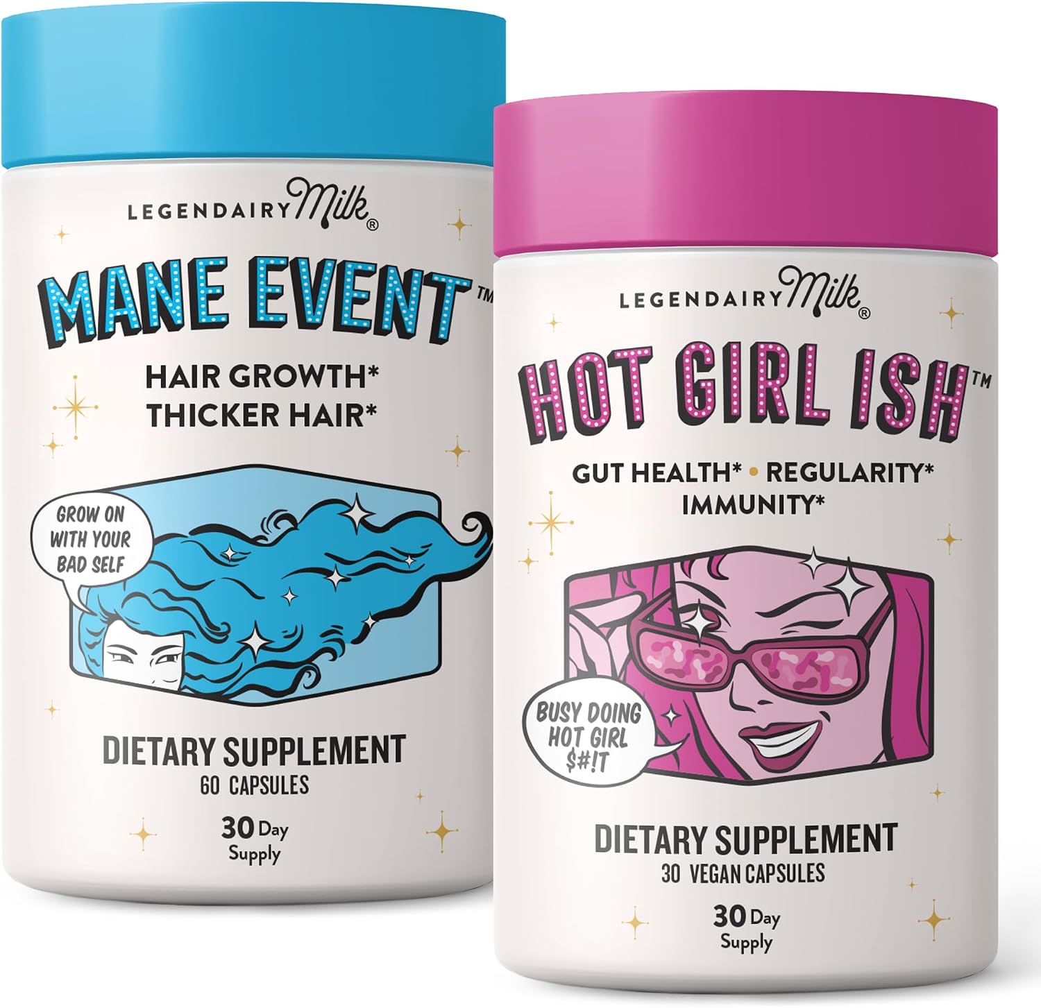 Legendairy Milk Mane Event Hair Vitamins and Hot Girl Ish Probiotic bottles front view for authentic hair growth supplement.