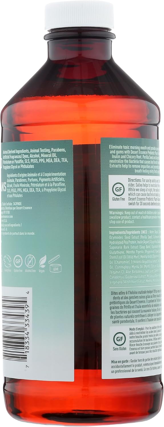 Desert Essence Prebiotic Mint Brushing Rinse ingredient highlights label