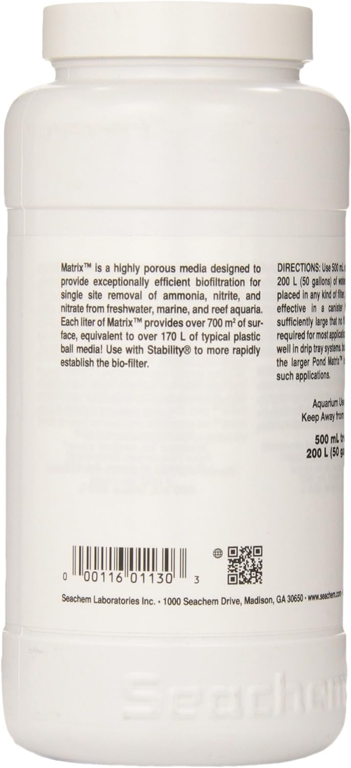 Seachem Matrix 500 mL packaging back label with usage instructions