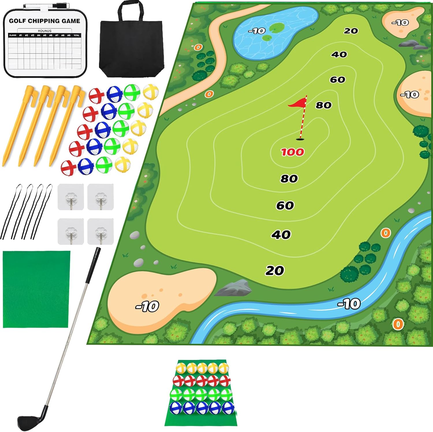 KuroShine 37 pieces golf chipping game set front view with mat and accessories