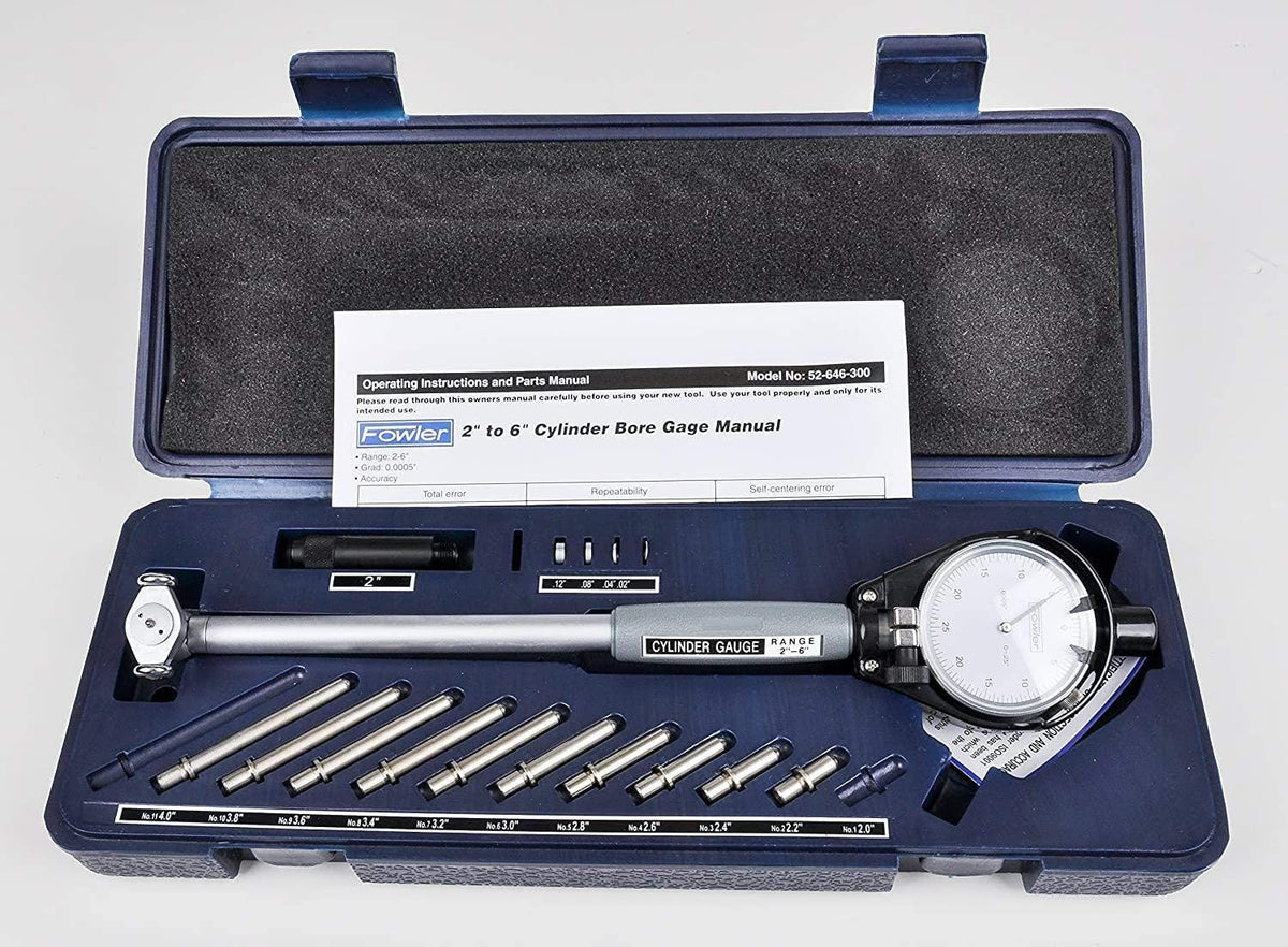 Fowler bore gage set with interchangeable anvils and storage case