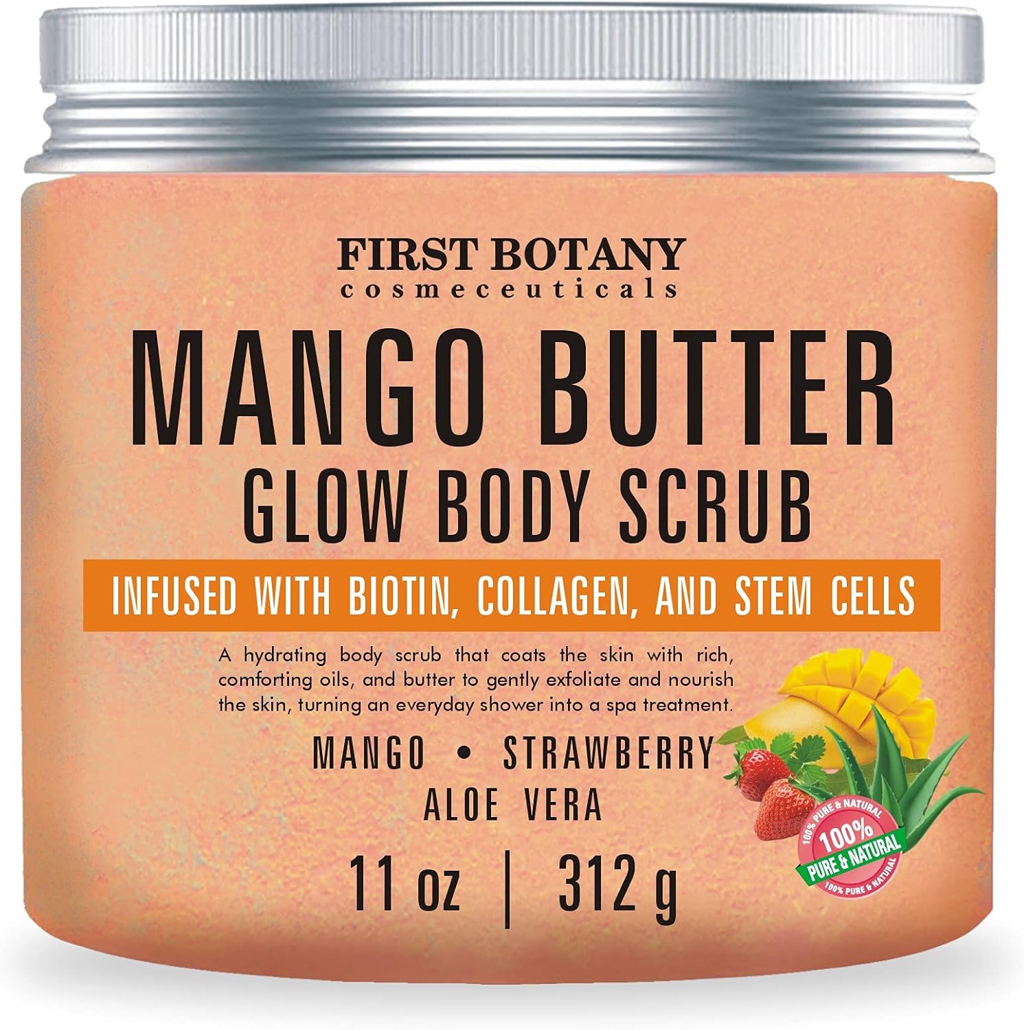 First Botany Mango Butter Body Scrub Eleven Ounce front view showing authentic product label highlighting biotin collagen and stem cells.