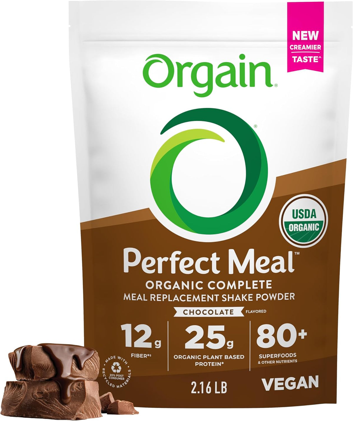 Orgain dietary fiber and probiotic meal replacement supplement side angle view