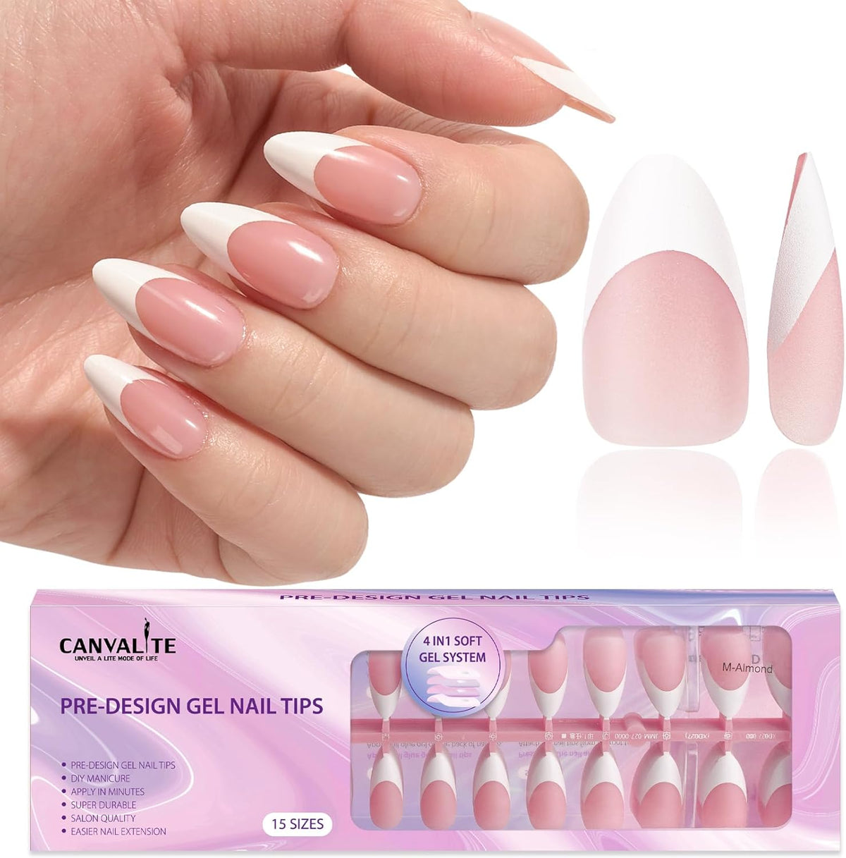 CANVALITE French tip press on nails 300pcs set showing pink and white almond fake nails