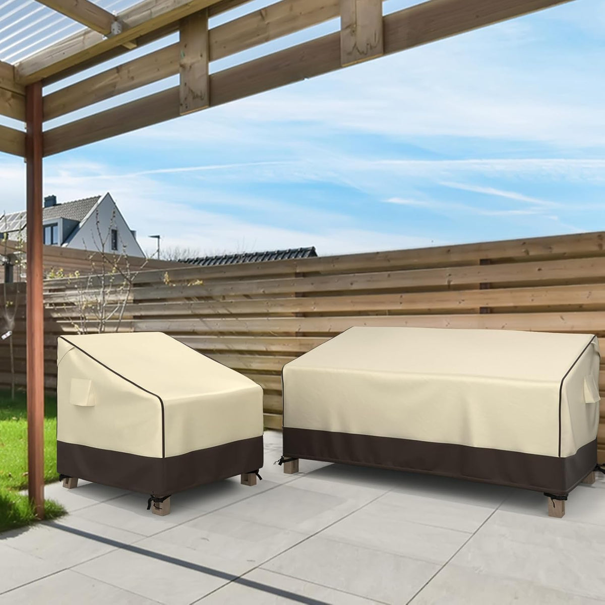 MR. COVER waterproof couch cover fitted securely over an outdoor wicker sofa