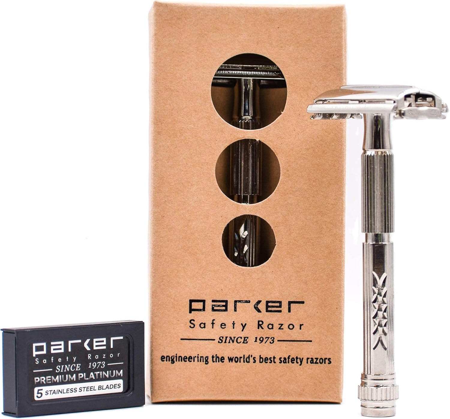 Parker Safety Razor, Model 60R Double Edge Butterfly Open Safety Razor and 5 Parker Premium Platinum Razor Blades - Image 1