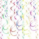 Yymobt colorful ceiling swirl foil decorations pack of 28 front view showcasing multi-colored hanging party streamers.