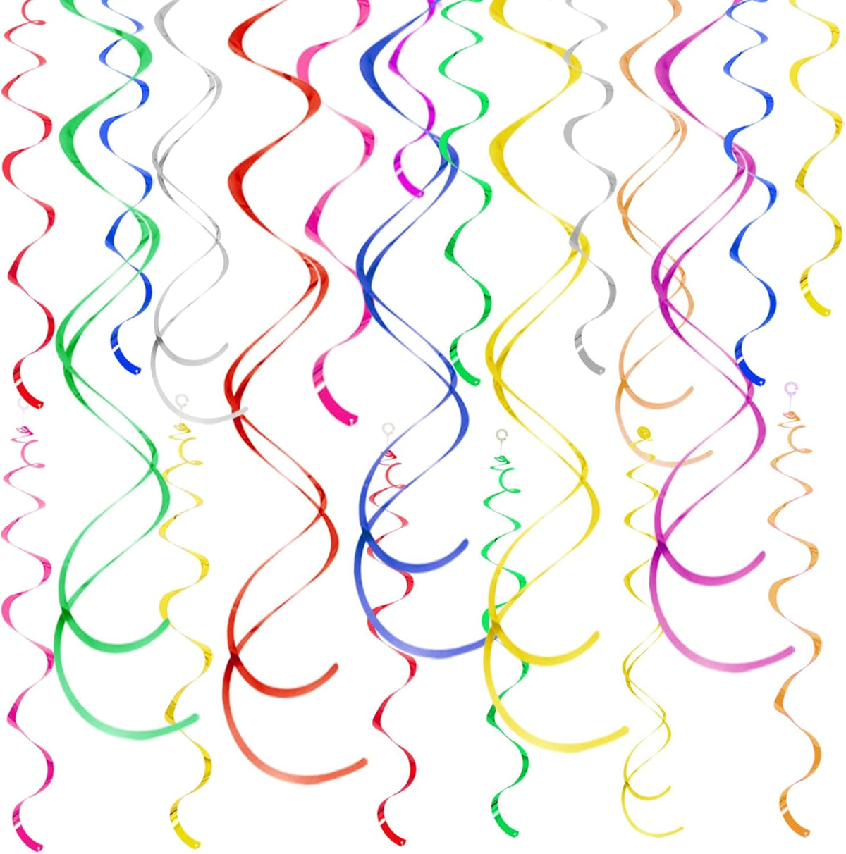 Yymobt colorful ceiling swirl foil decorations pack of 28 front view showcasing multi-colored hanging party streamers.