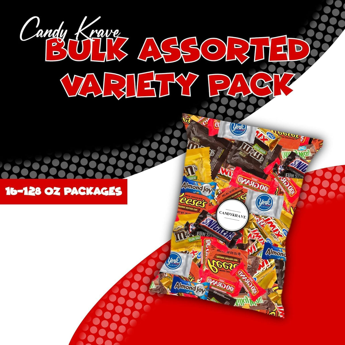 Two pounds of CandyKrave fun size assorted chocolates scattered to display the collection variety.