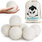 Zayhenyoo organic wool dryer balls front view of six white laundry balls.