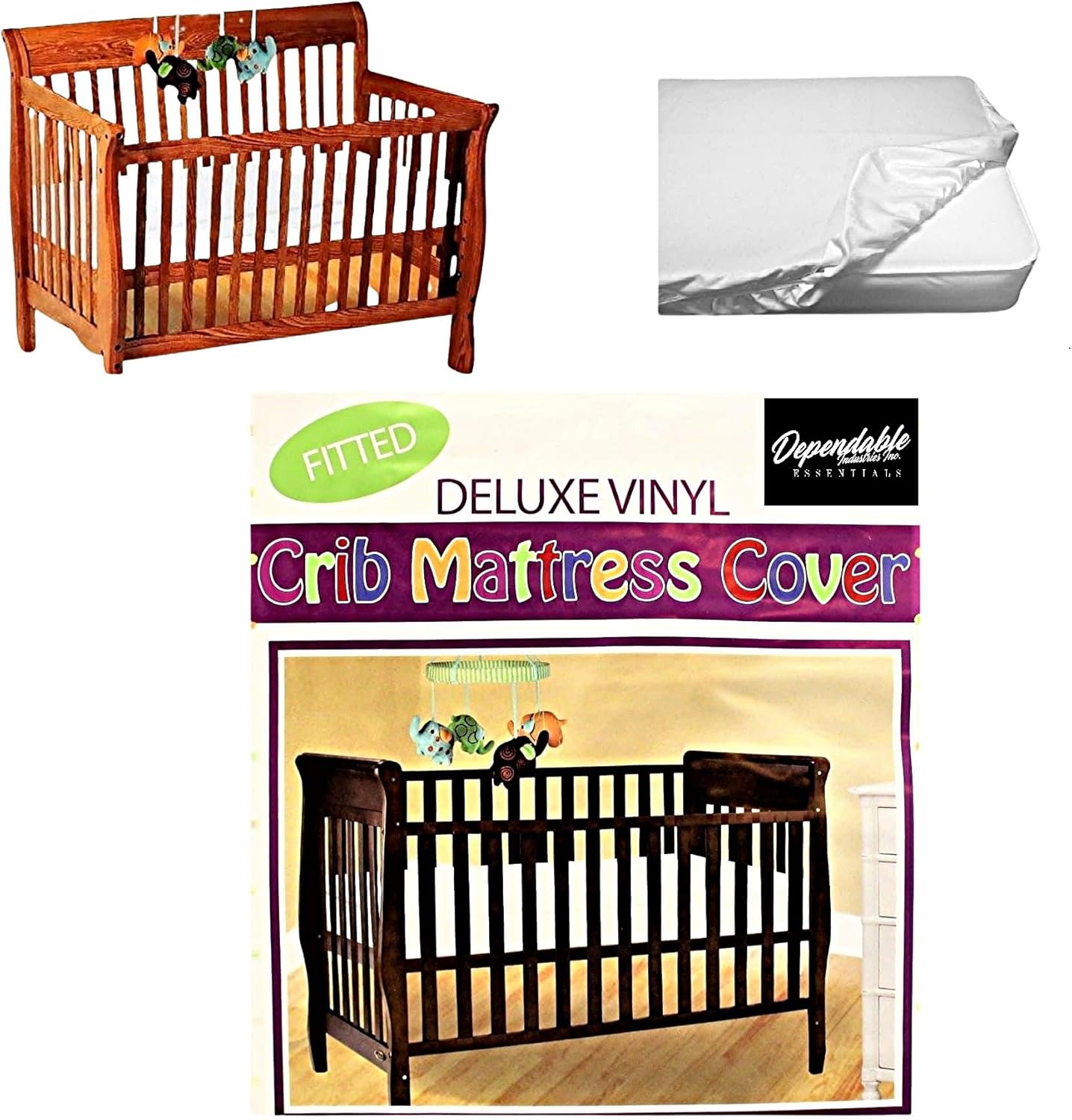 Dependable Industries Essentials Deluxe Vinyl Fitted Crib Mattress Cover Protector front view on standard mattress