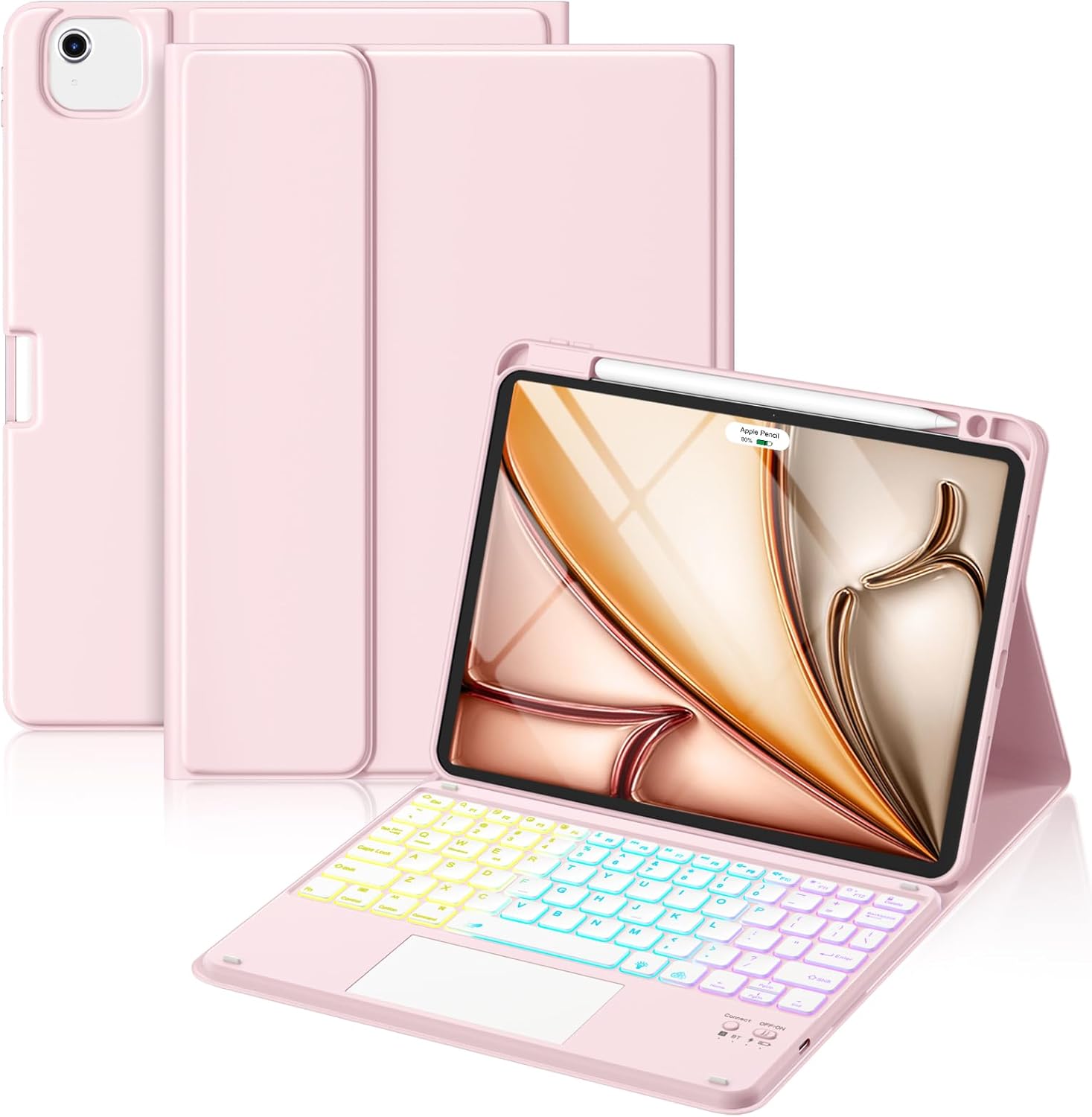 Hamile iPad Air 11 inch keyboard case front view showing pink folio design and glowing backlit keys
