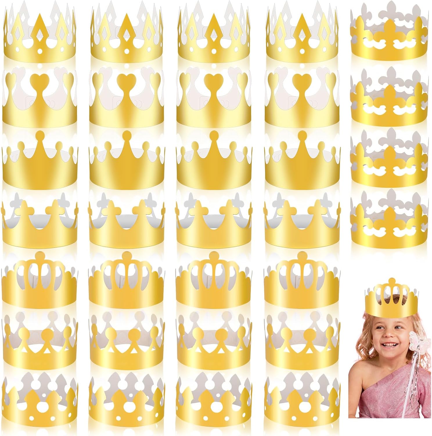 MGZTTHW gold paper crowns set front view for birthday party supplies