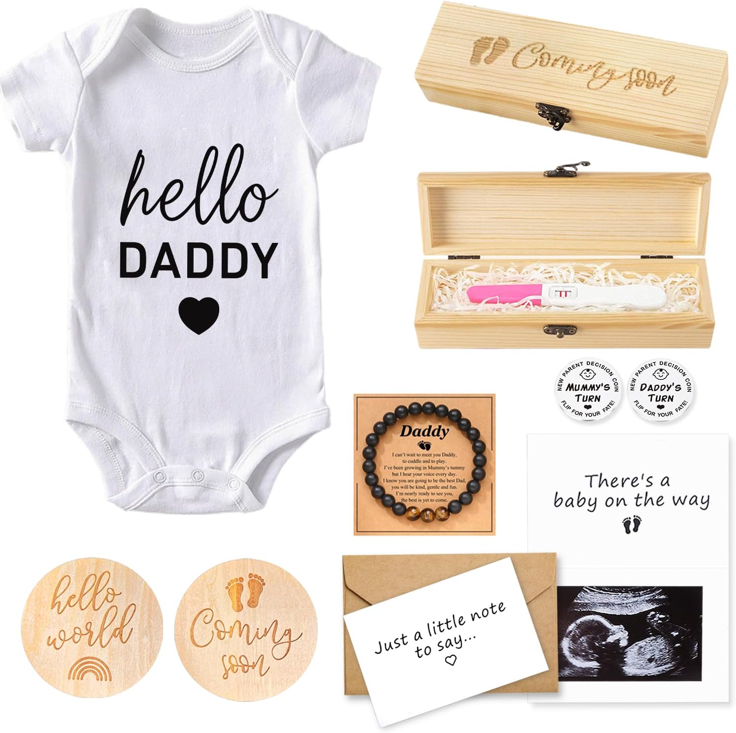 Bump and Beyond Designs surprise pregnancy announcement kit for husband featuring hello daddy baby bodysuit and wooden box setup view