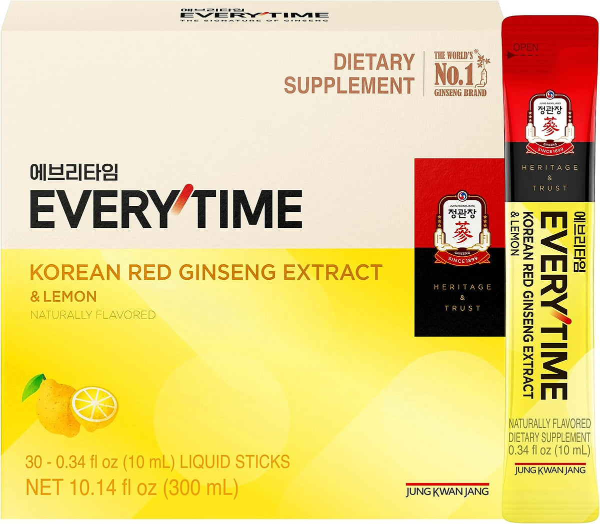 JungKwanJang Everytime Korean Red Ginseng Extract and Lemon liquid sticks front view package for natural energy support.