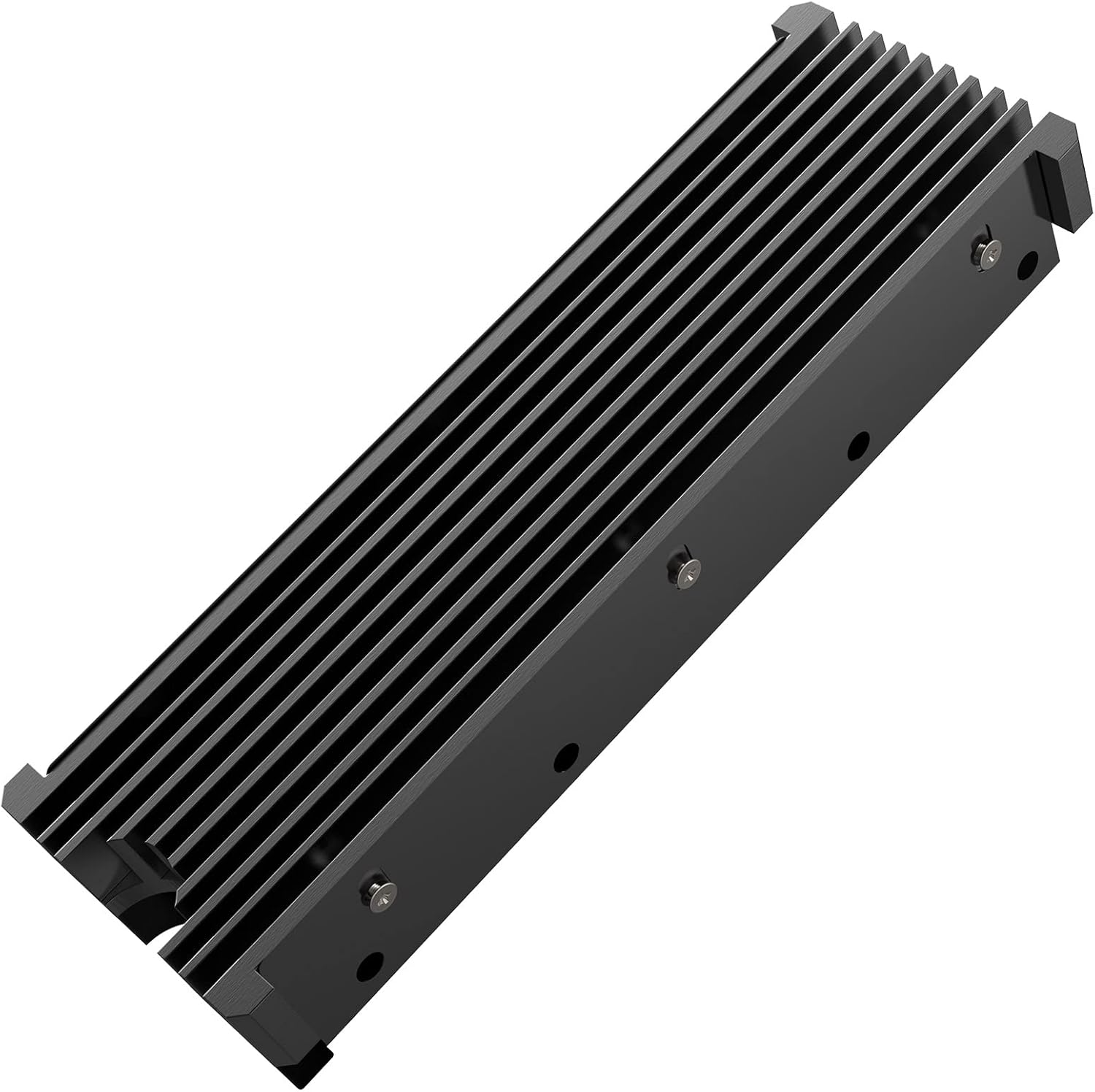 DAMOMCO M2 NVMe PS5 SSD heatsink front view showing grooved black aluminum alloy cooling panel
