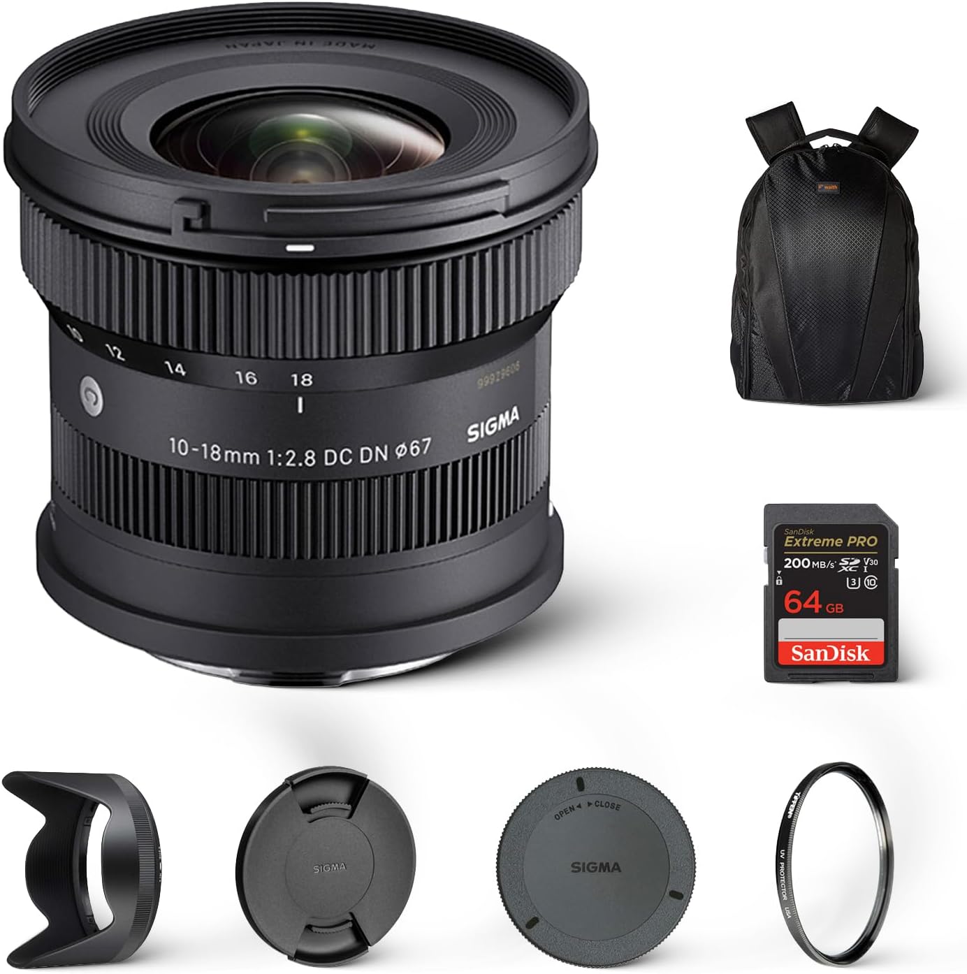Sigma 10-18millimeter f/2.8 lens bundle front view for Sony E mount cameras