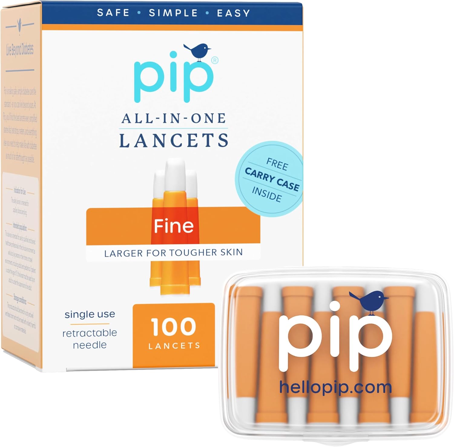 Pip Lancets for Diabetes Testing - 28G x 1.8mm Ultra-Thin Safety Lancets 100 Count | Pressure-Activated Single Use Diabetic Needles for Blood Glucose Testing | No Lancing Device Required - Orange - Image 1
