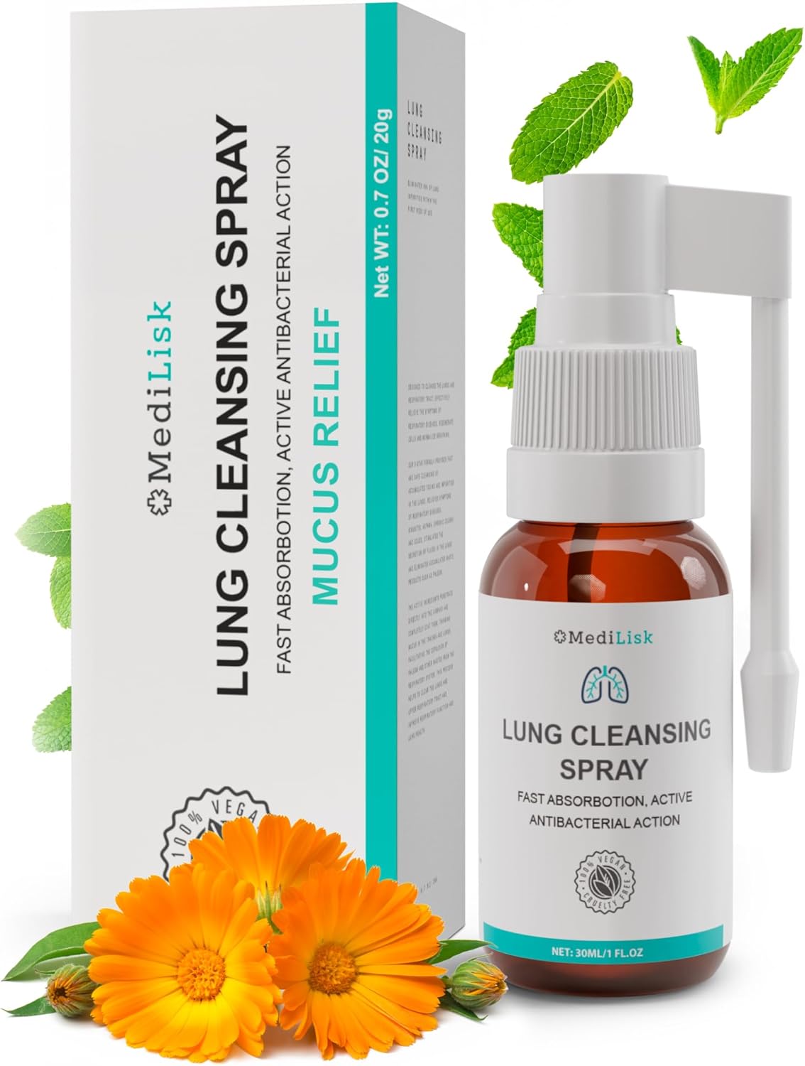 MediLisk Lung Cleansing Spray – Respiratory Support, Mucus Relief and Lung Cleanse – Support for Lung Detox for Smokers – Herbal Extract Formula – Hypoallergenic, Non-Steroidal – 1 oz – Pack of 1 - Image 1