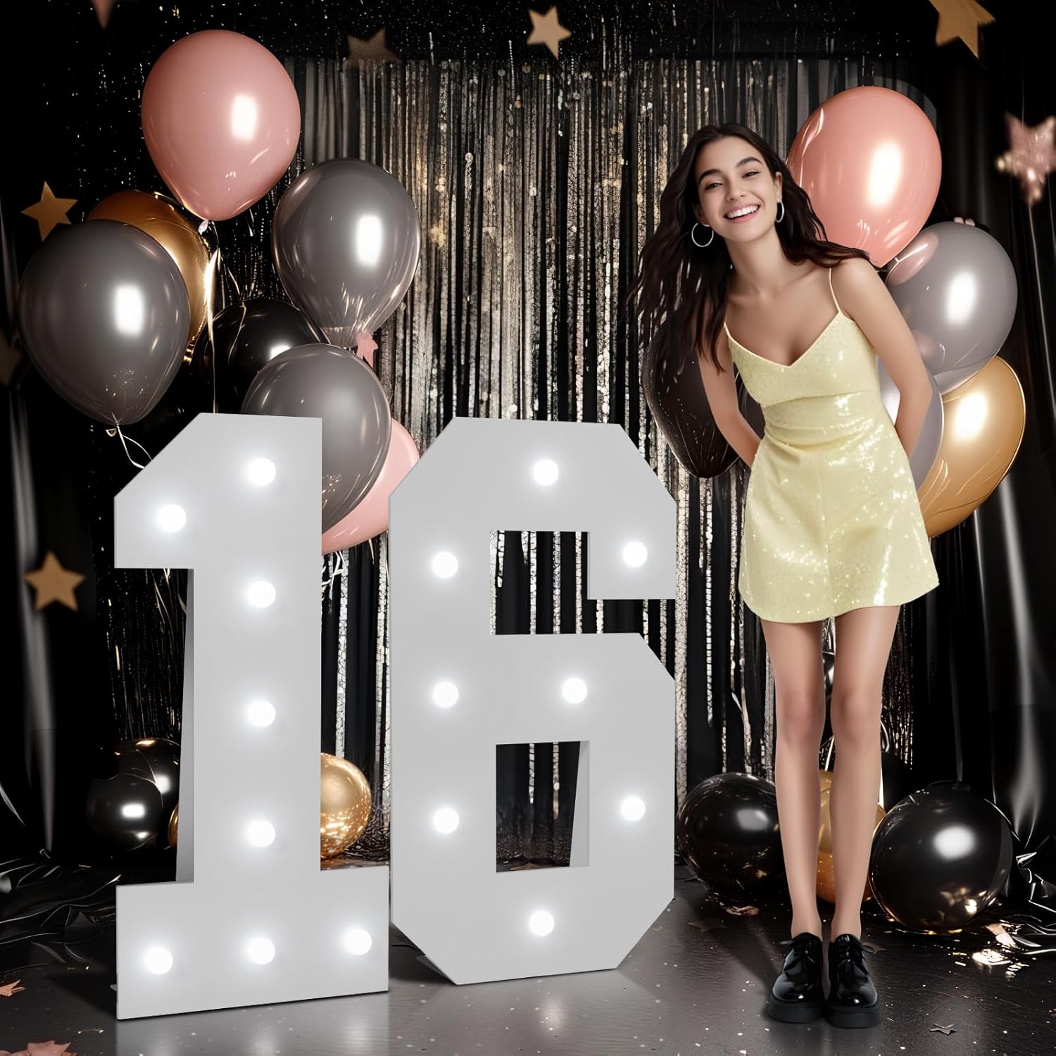 Imprsv marquee number sixteen birthday decoration front view illuminated with bright LED lights