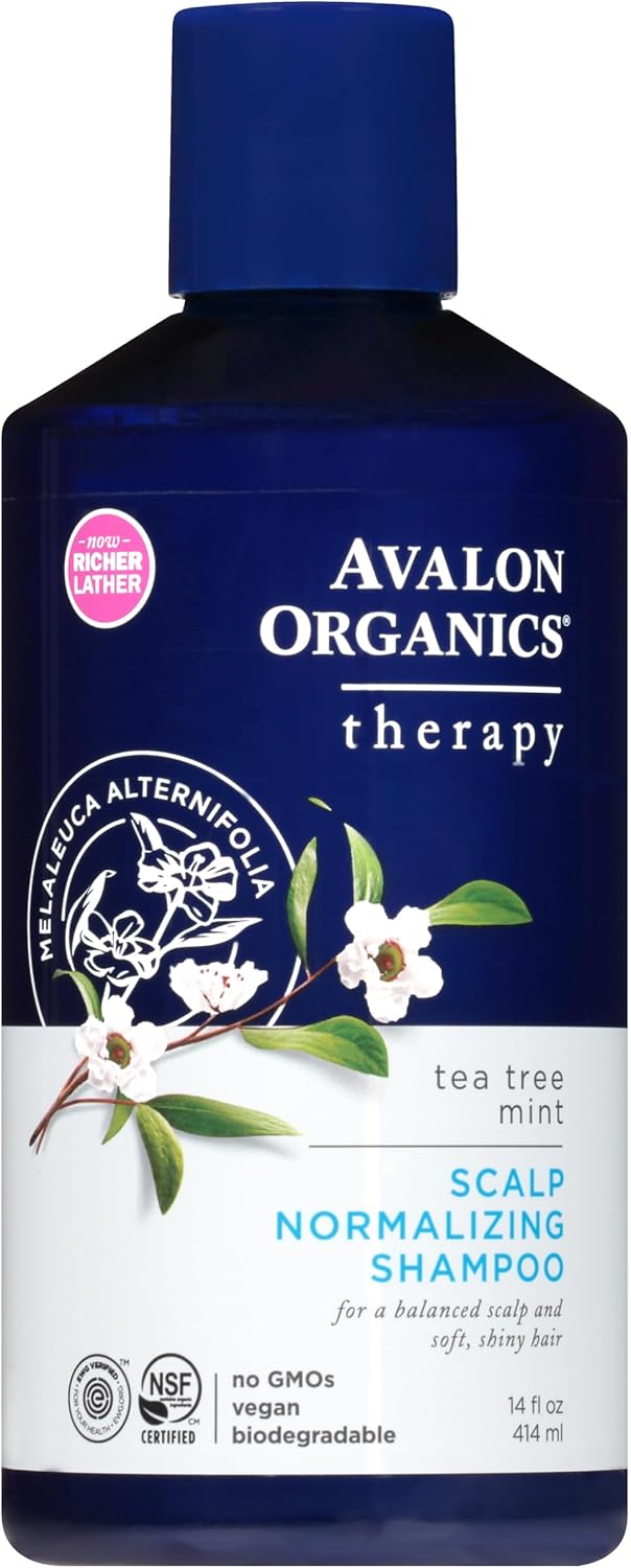 Avalon Organics Scalp Normalizing Tea Tree Mint Shampoo 14 oz bottle for hair and scalp therapy