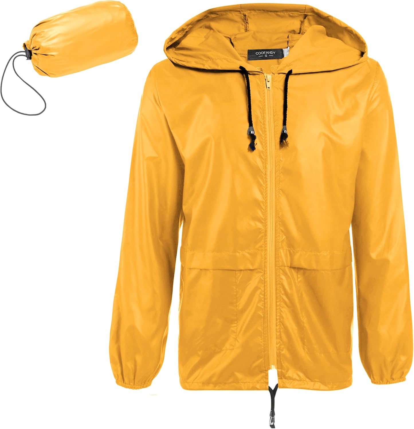 COOFANDY Men Packable Rain Jacket front view in classic vibrant yellow