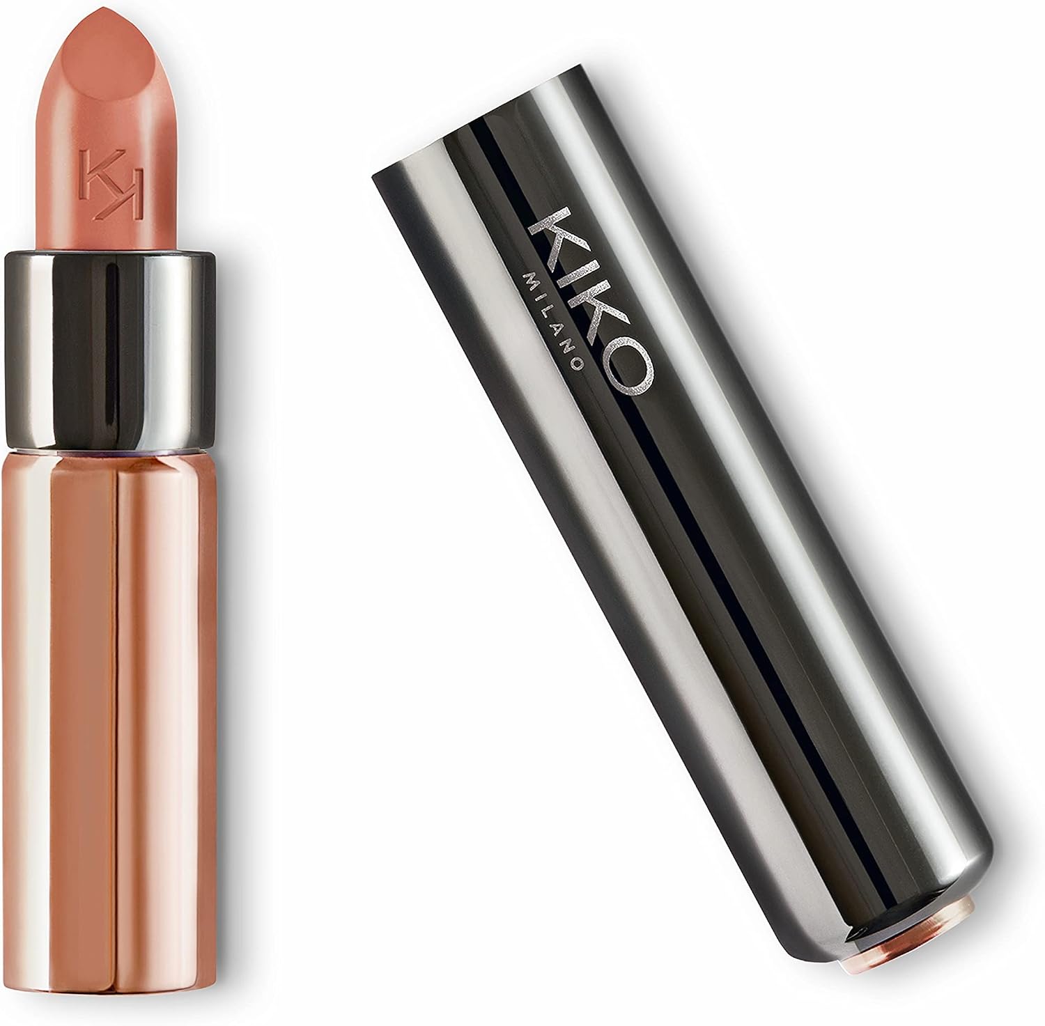 Kiko Milano Gossamer Emotion Creamy Lipstick front view showcasing sleek gunmetal tube packaging.