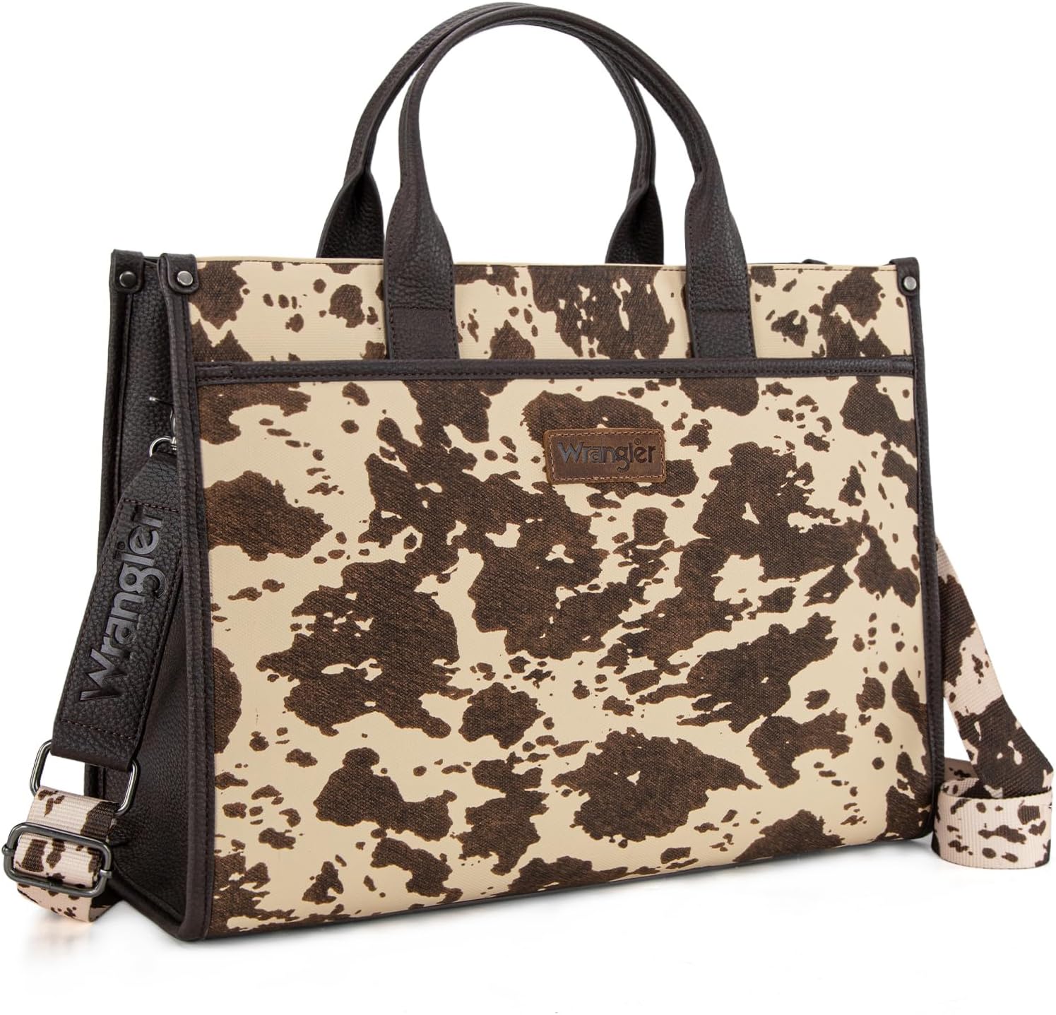 Montana West Wrangler laptop bag for women front view featuring cow print design