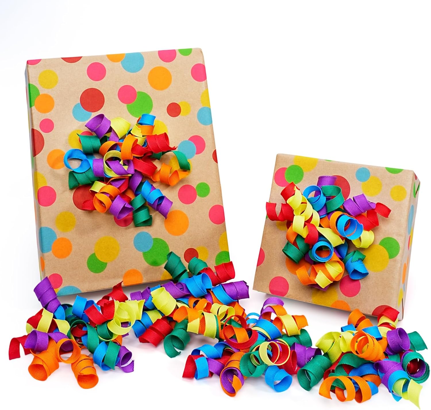 LaRibbons Birthday Wrapping Bows front view of six multi-colored self-adhesive rainbow curly bows for gift wrapping