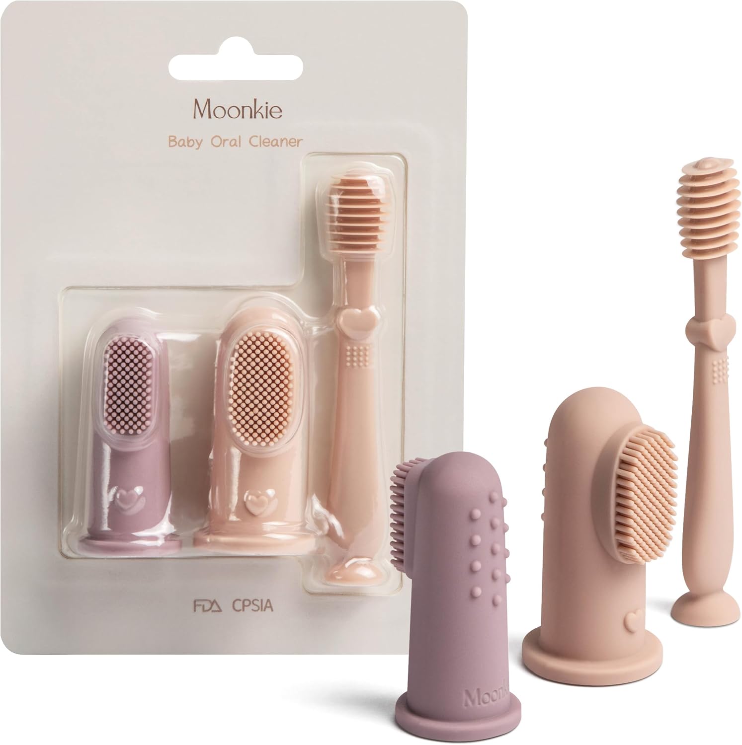 Moonkie Baby Finger Toothbrush and Tongue Cleaner Kit Blush front view oral hygiene set.