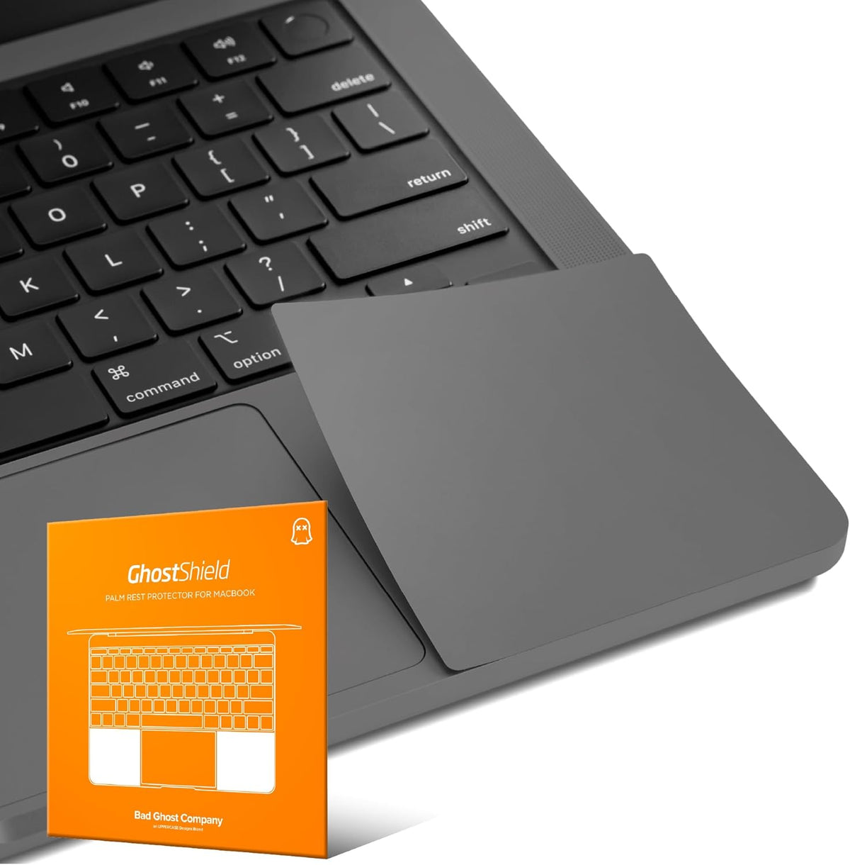 UPPERCASE GhostShield premium palm rest protector space black front view installed on a fourteen inch laptop