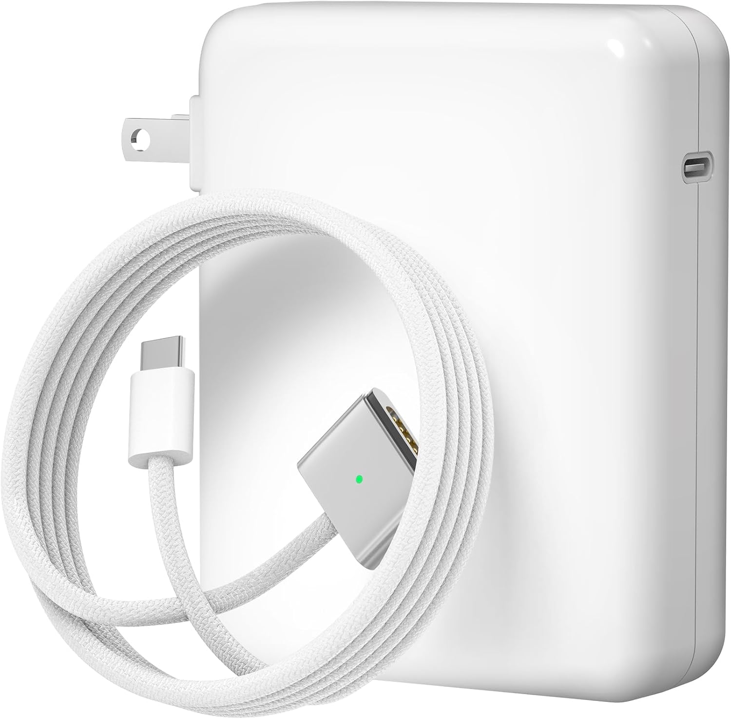 Casacraft 140 Watt MacBook Charger power adapter front view showcasing the sleek white premium design.