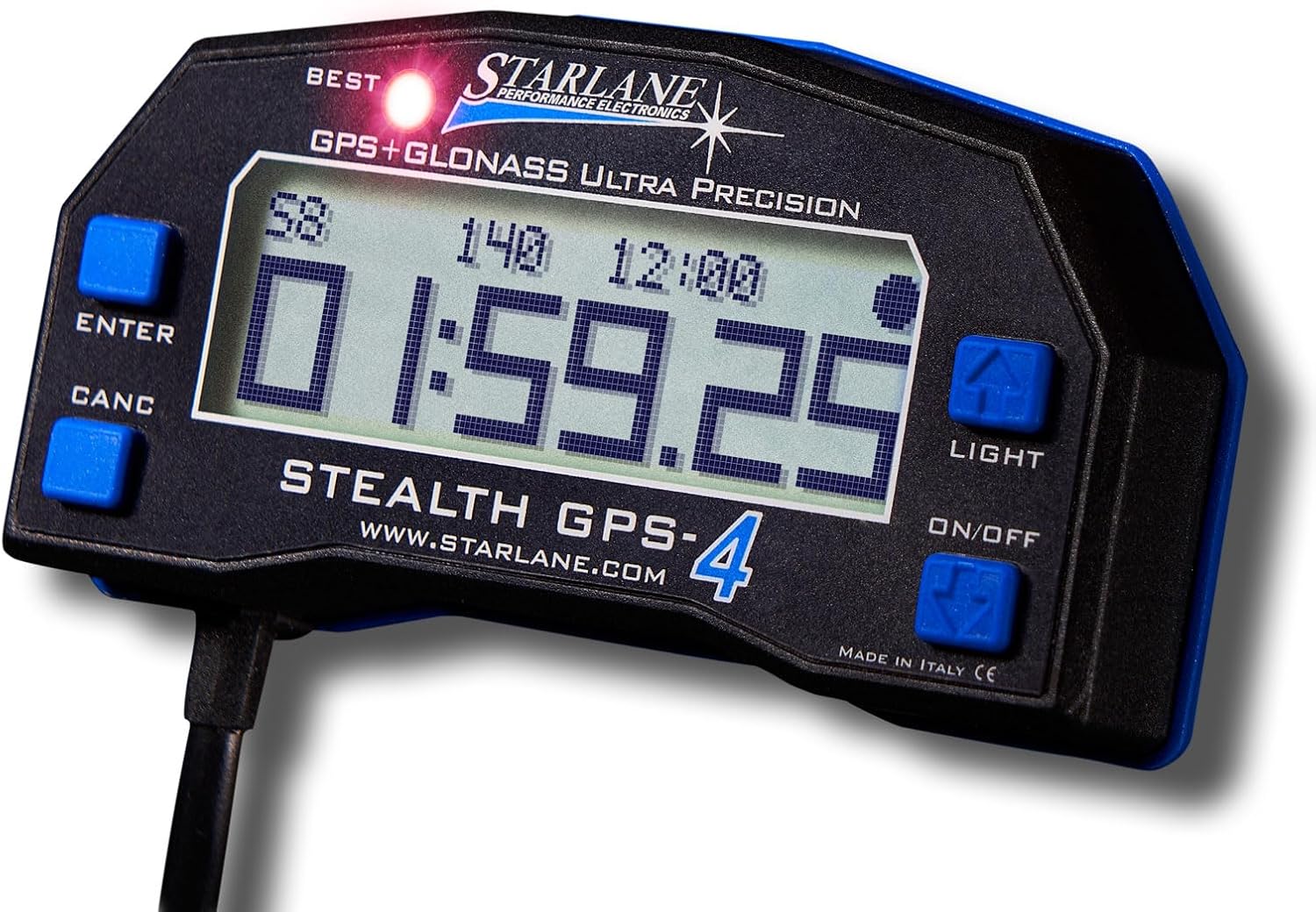Starlane Stealth GPS-4 Lite digital motorcycle track lap timer front view showing backlit display screen