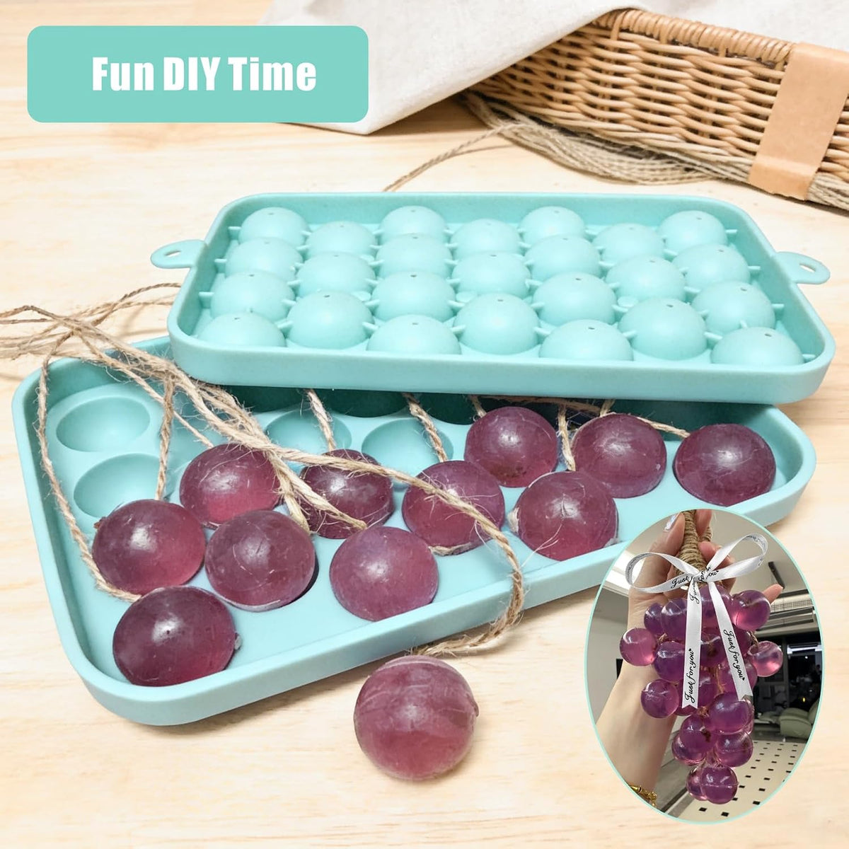 Finished grape cluster soaps displayed with ribbon