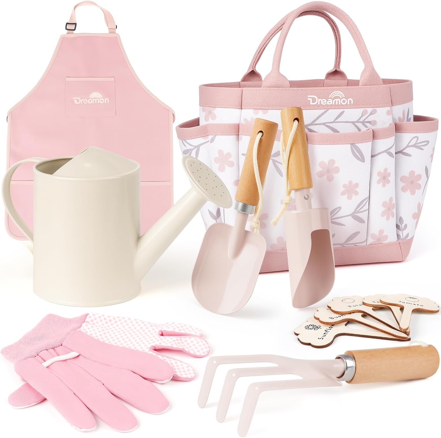 Dreamon gardening set for kids front view showing pink tools and tote bag