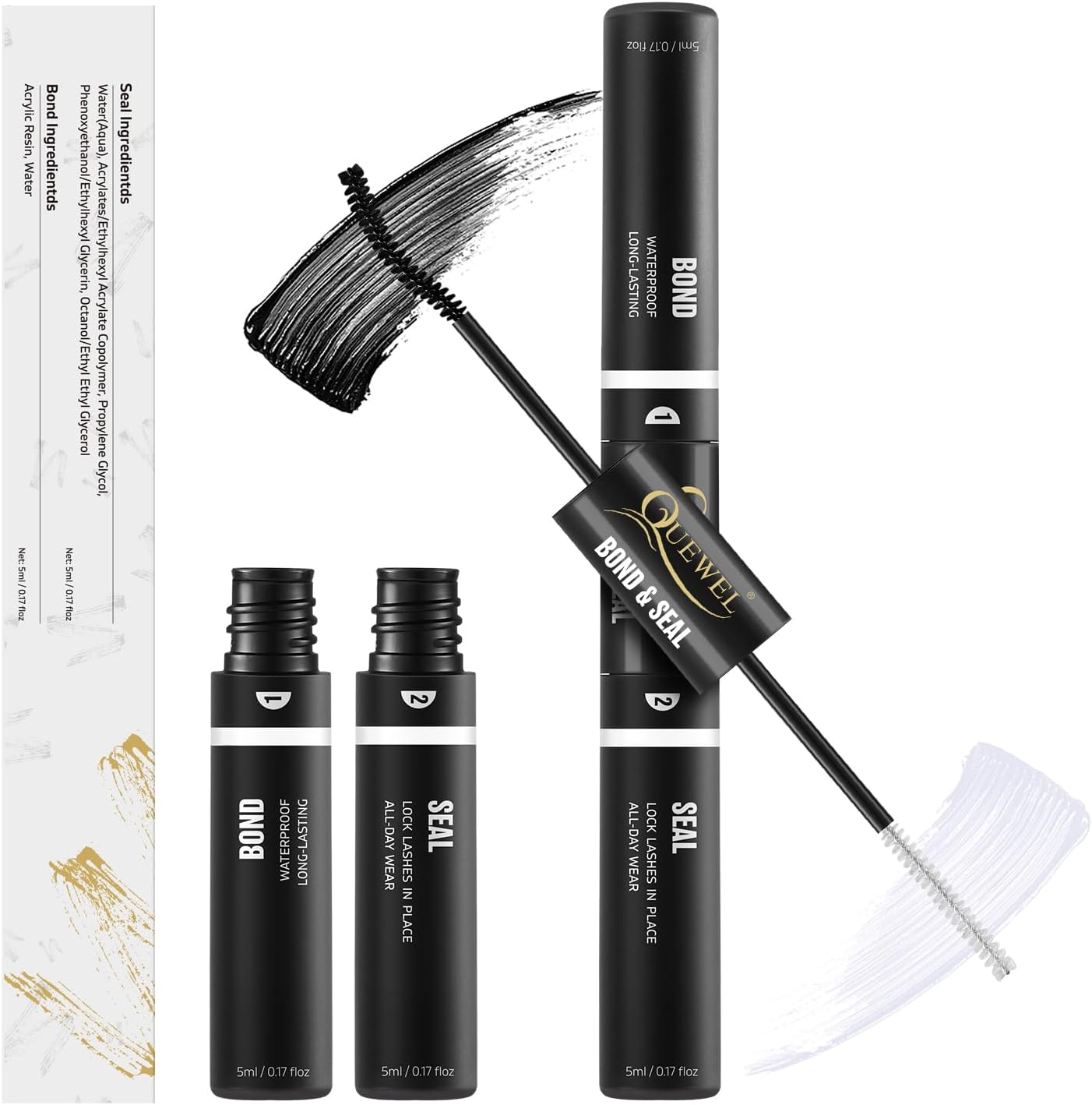 QUEWEL Lash Clusters Bond and Seal dual-ended product tube front view representing authentic USA beauty imports in India.