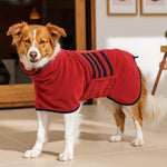 Happy dog wearing blue HezzLuv bath robe drying coat