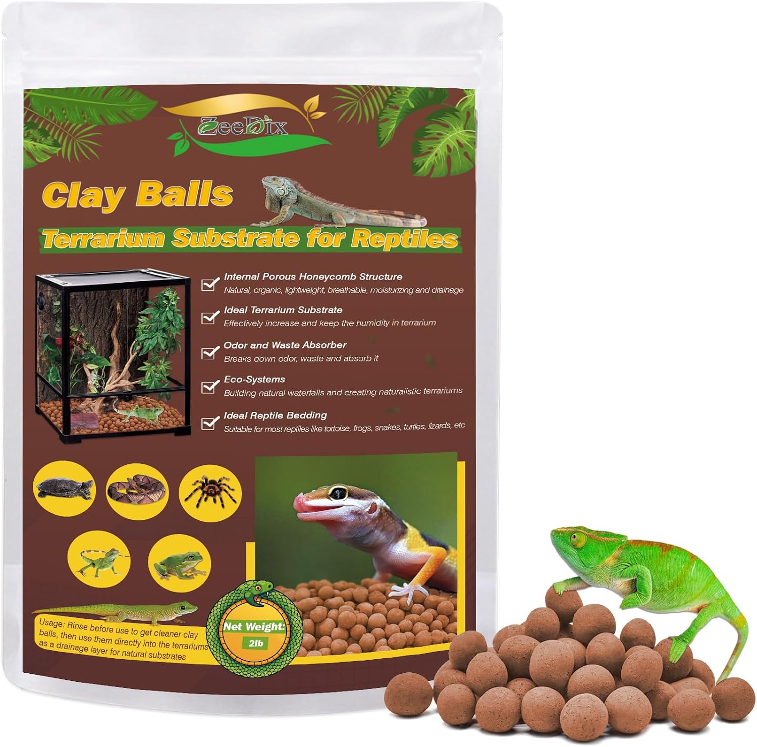 ZeeDix Reptile Substrate Leca Balls two pounds packaging front view showcasing organic clay pebbles