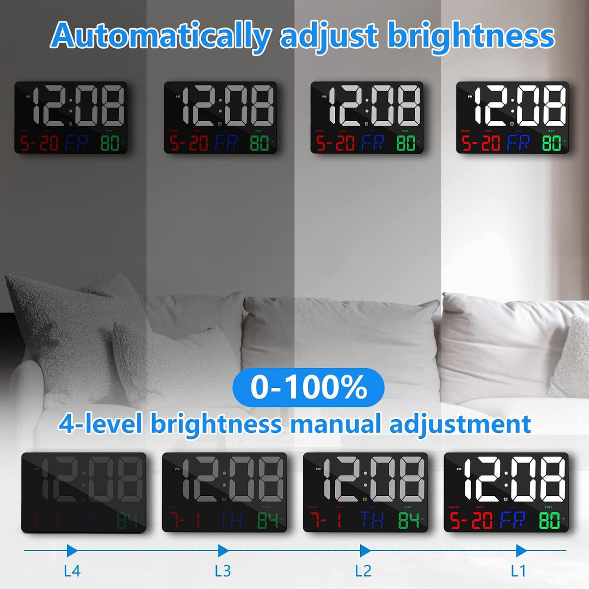 Digital Wall Clock,11.5" LED Digital Alarm Clock Large Display,with Remote Control,Adjustable Brightness, Calendar, Temperature, Snooze, 12/24 H, for Living Room, Office, Bedroom, Elderly, Adults Set - Image 2