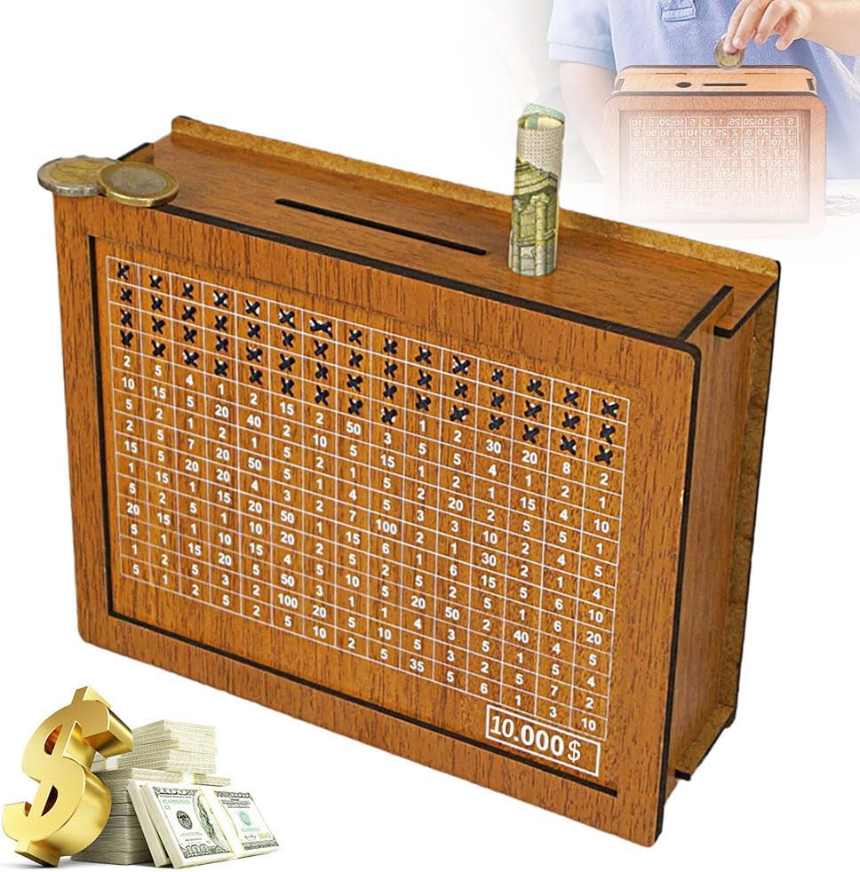 Teamoda Cash Vault Wooden Savings Box front view showing numbered challenge tracking grid