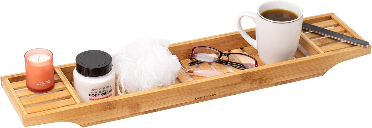 Mind Reader bamboo bathtub tray front view