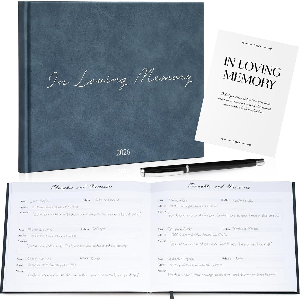 Sumheart Funeral Guest Book front view with navy blue leather cover