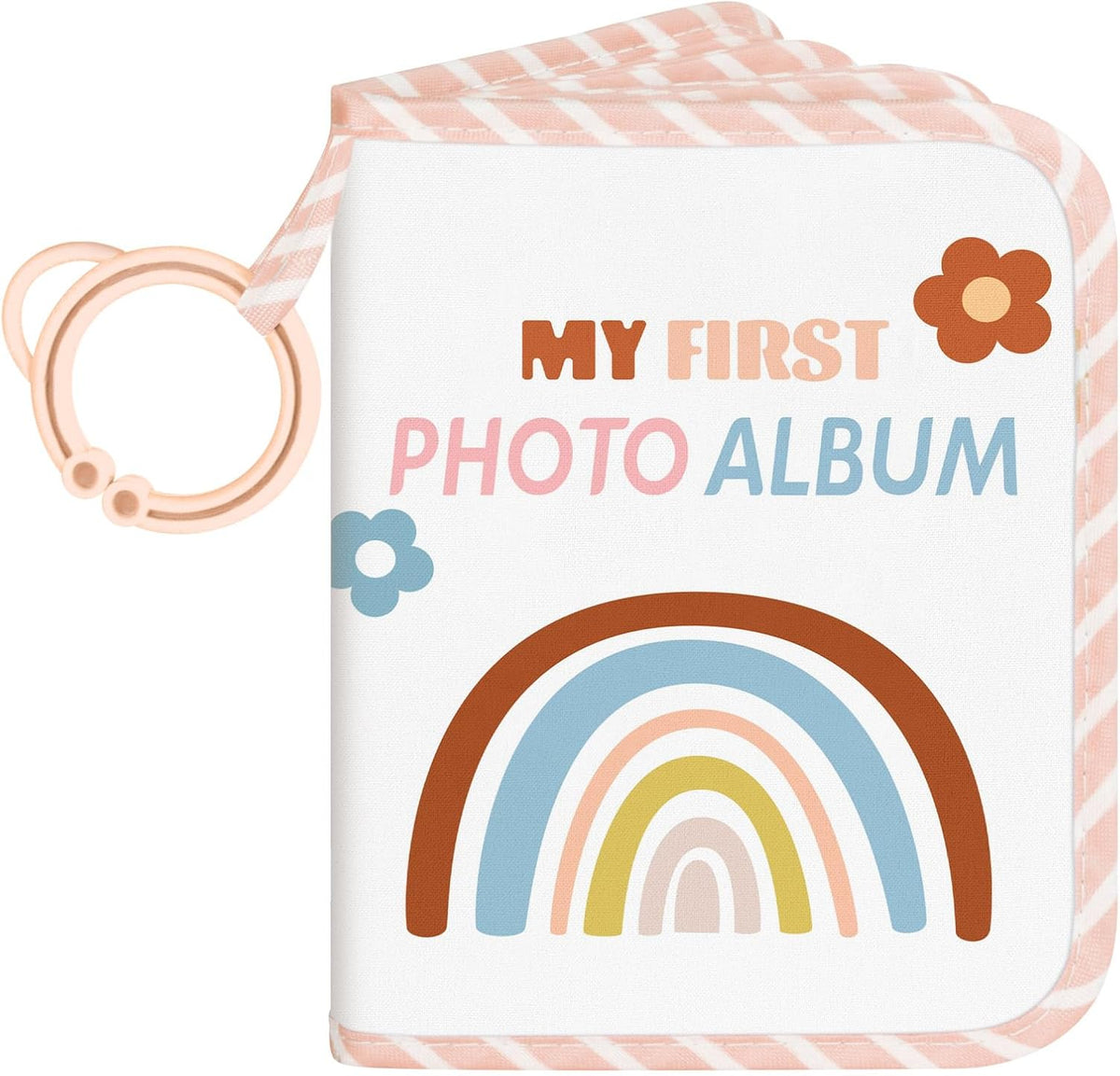 Lanpn baby photo album front view showing boho rainbow fabric design and attached teether ring.