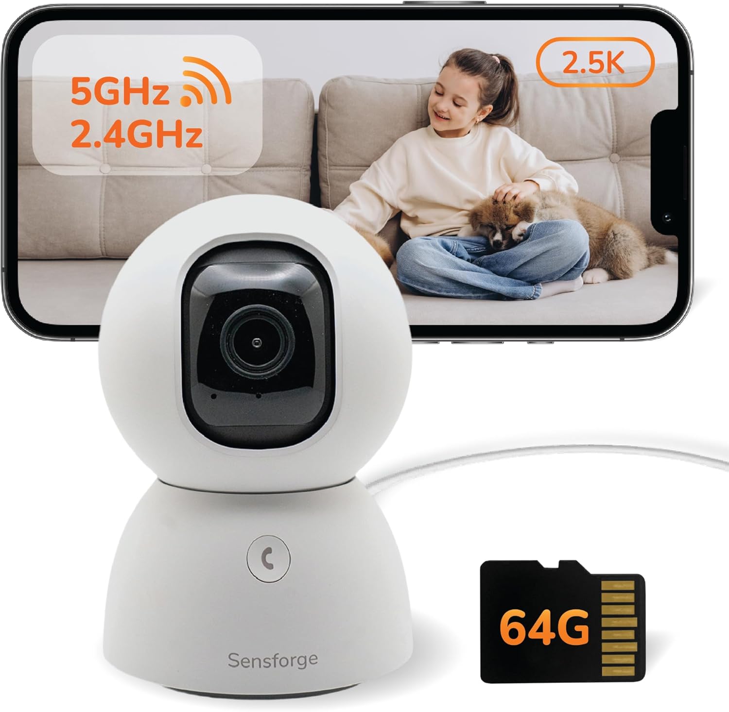 Sensforge Indoor Pan-Tilt Dome Security Camera front view with rotating spherical lens
