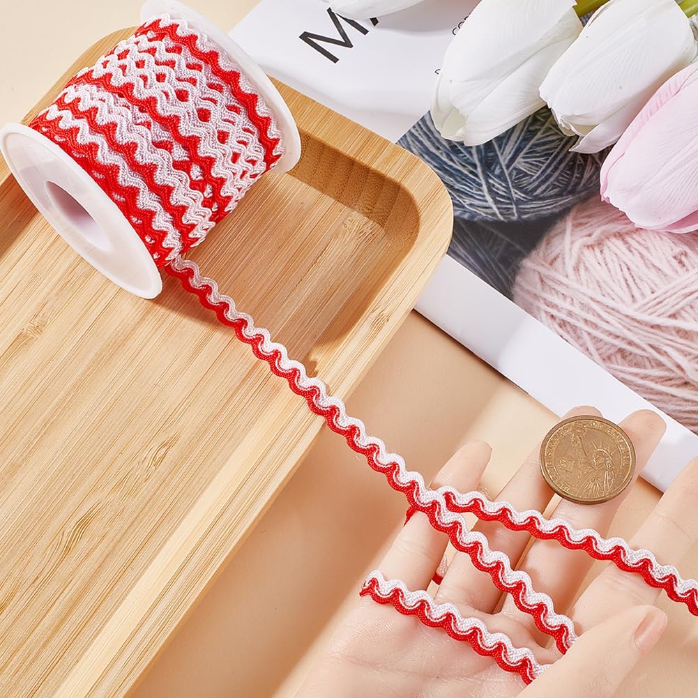 Close up of red and white woven braided fabric ribbon