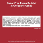 Close up of sugar free caramel pecan chocolate candy showing textures