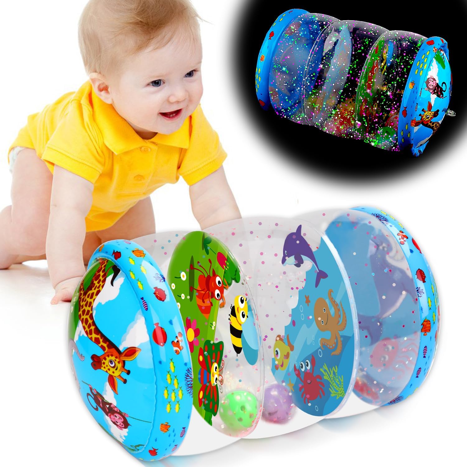 Thremhoo baby crawling toy front view showing underwater graphics and internal rattle balls