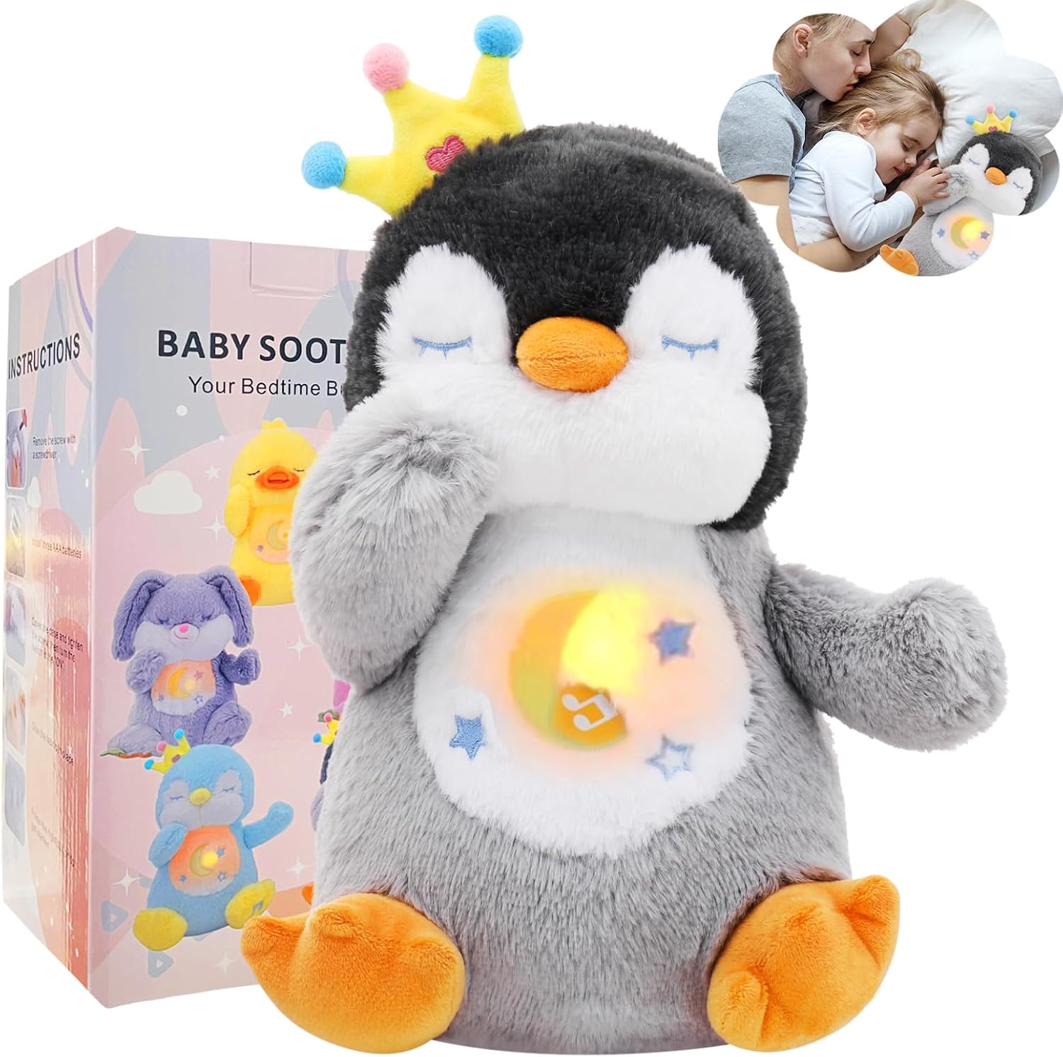 MILEGI breathing stuffed animal penguin plush front view showing yellow crown and light up belly
